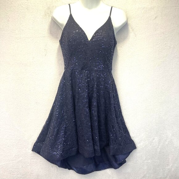 Vintage Y2K B. Smart Fit & Flare Lace Sequin Dress Womens 7 Navy Blue Cocktail - Picture 3 of 16